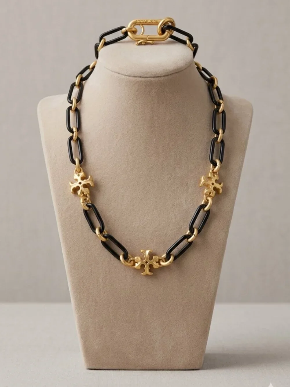 Tory Burch Black and Gold Logo Link Necklace